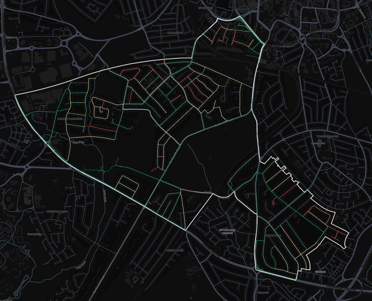 Dark map of Earlsdon Ward showing road segments coloured by indicative RoadPulse condition bands